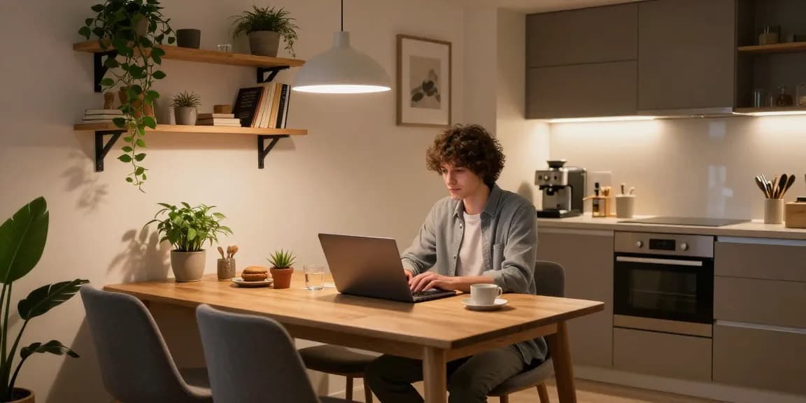 Moderne Monteurwohnung Hannover mit gemütlichem Wohnbereich und voll ausgestatteter Küche.