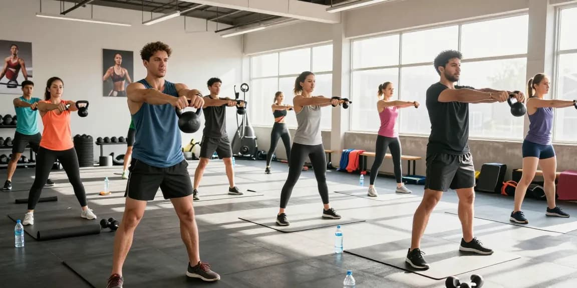 Aktive Gruppe im Selliza Pharma Shop Fitnessstudio, dynamische Trainingsszene mit motivierten Sportlern, umgeben von modernen Fitnessgeräten.