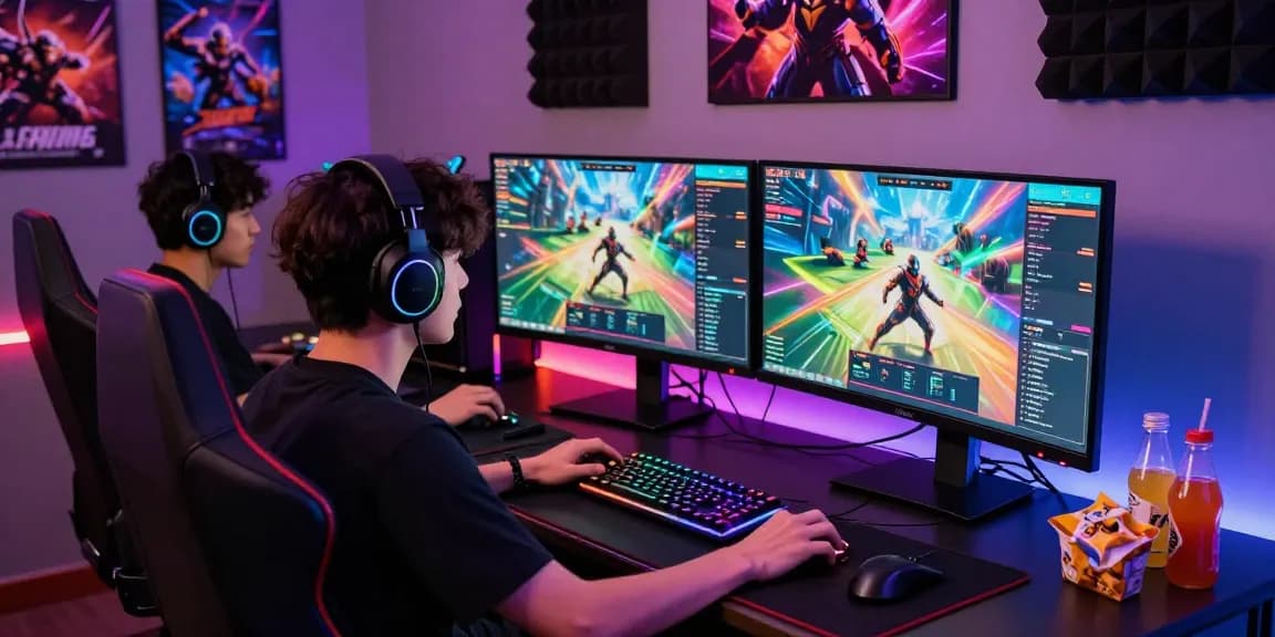 FAFA828 engaging online gaming scene with gamer focused on dual monitors in a vibrant setup