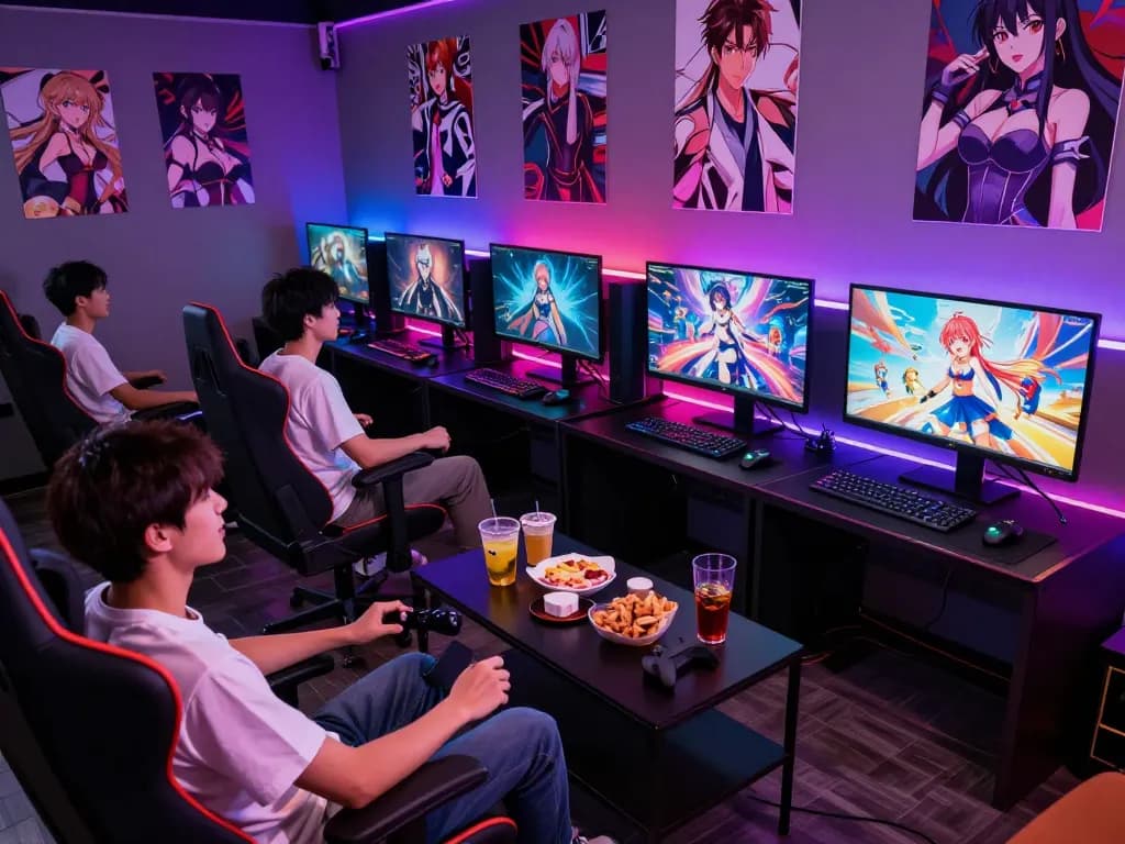Exciting gamers engaging in various hentai games in a vibrant gaming lounge.