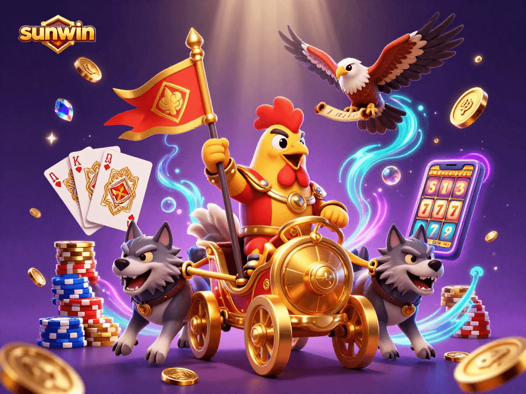 Engage with sunwin's vibrant 3D illustration showcasing a rooster warlord amidst casino excitement.