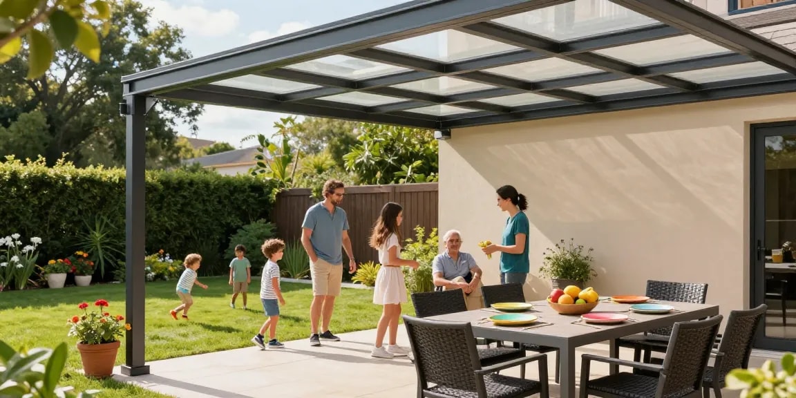 Moderne Terrassenüberdachung mit Familienfeier im Garten