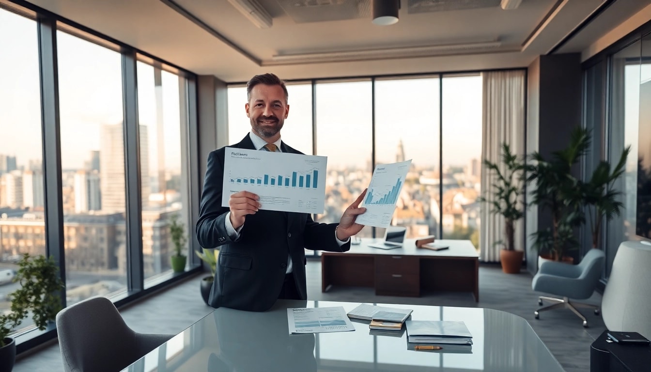 Immobilienmakler Frankfurt Preungesheim präsentiert eine Immobilie in modernem Büro.