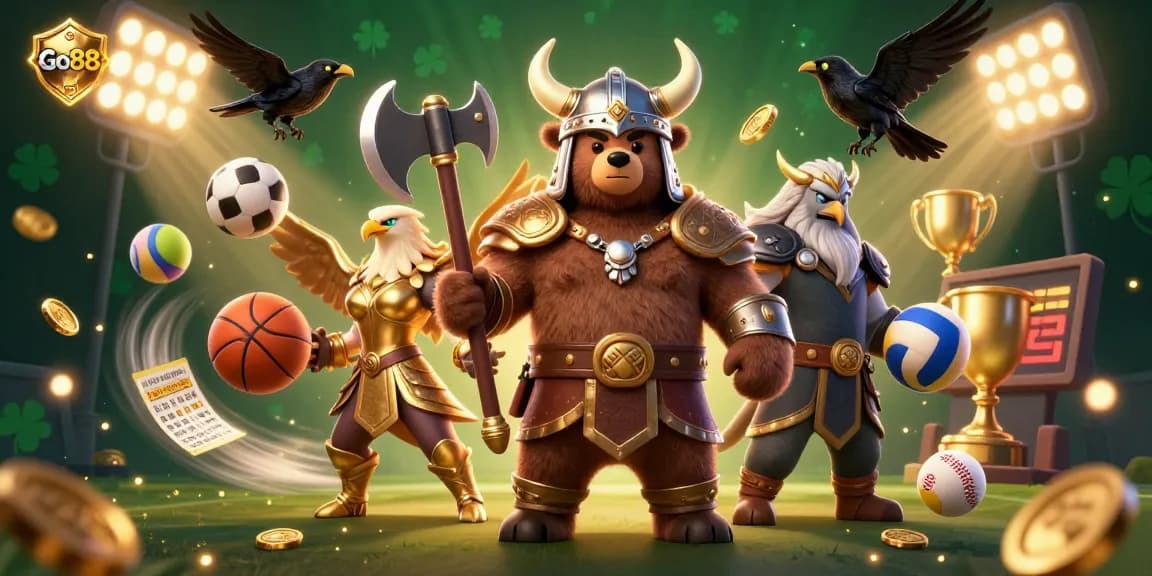 Engage with Go88’s thrilling sports action featuring Viking bear and Valkyrie eagle in a vibrant casino setting.