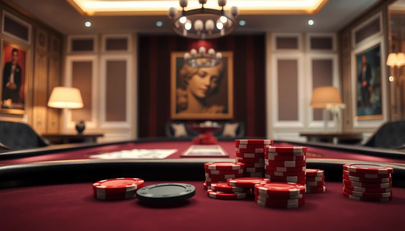 Online casino játékasztal póker zsetonokkal és kártyákkal, elegáns környezetben.
