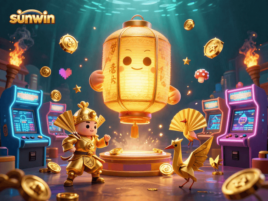 Experience sunwin's vibrant gaming world with a 3D illustration of a golden lantern spirit amidst lively casino action.