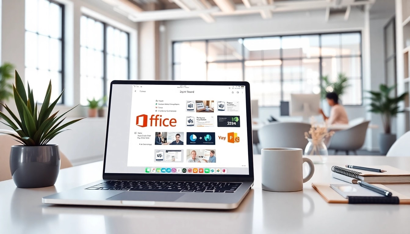 MS Office 2024 Standard für Apple Geräte auf modernem Laptop in stilvollem Arbeitsumfeld.