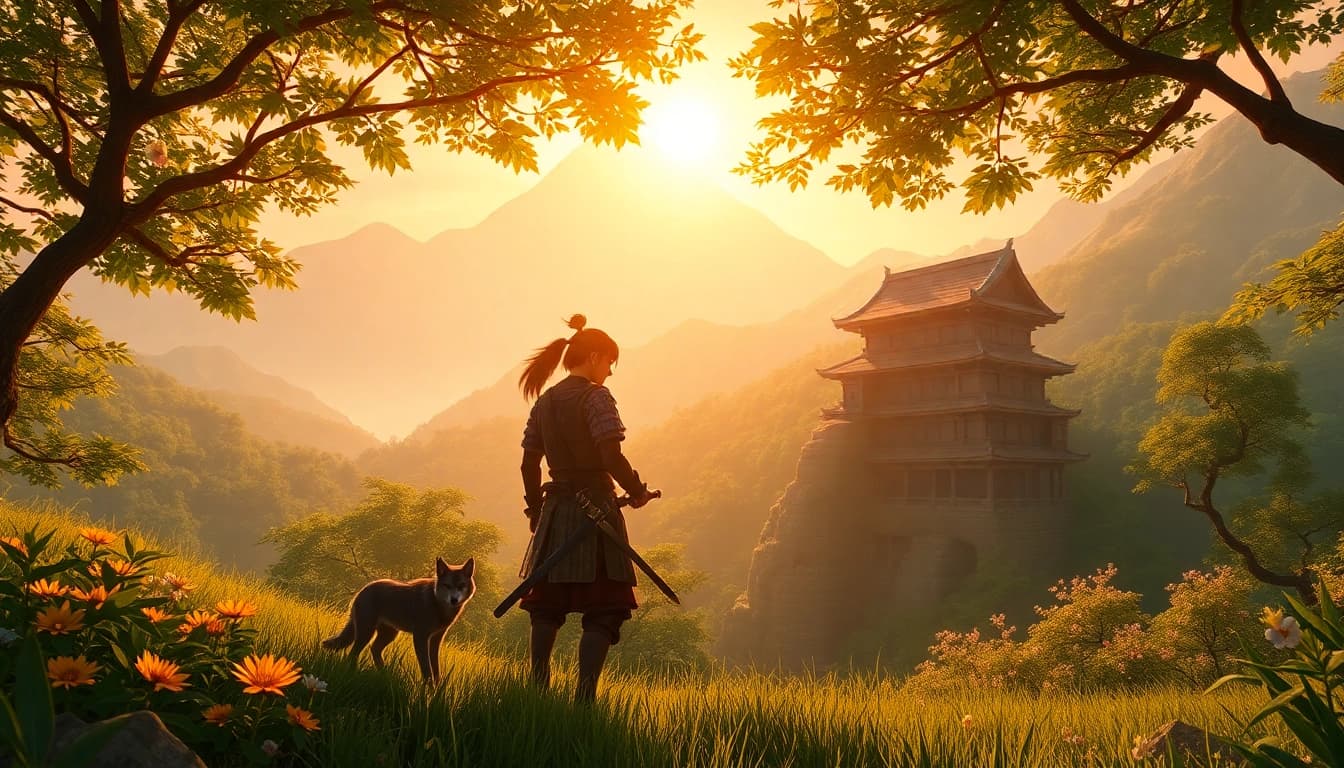 Ghost of Yōtei Bewertung: Ein atemberaubendes Visual aus dem Spiel, das den Protagonisten in einer ruhigen japanischen Landschaft zeigt und das Wesen der Erkundung einfängt.