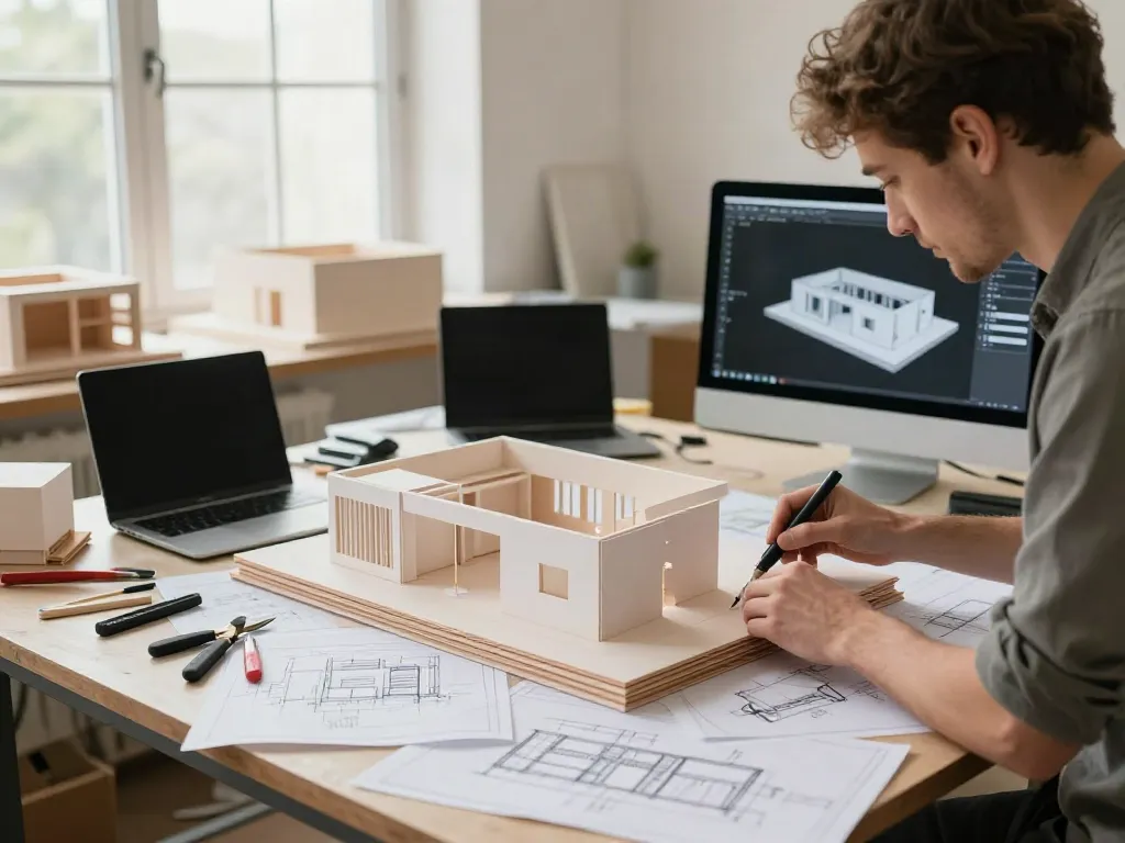 Das Anschauungsmodellbau-Team arbeitet an einem präzisen Ausstellungsmodell mit Skizzen und 3D-Design.