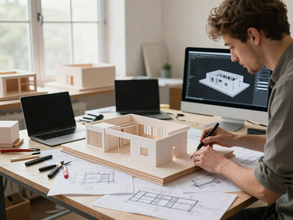 Das Anschauungsmodellbau-Team arbeitet an einem präzisen Ausstellungsmodell mit Skizzen und 3D-Design.