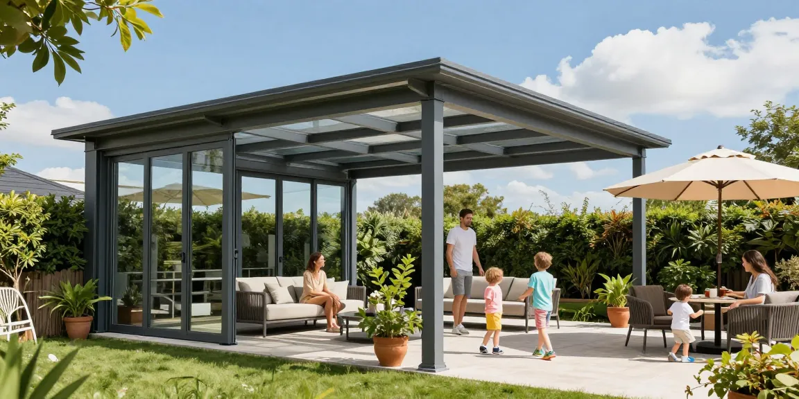 Terrassenüberdachungen in einem eleganten Garten mit glücklicher Familie