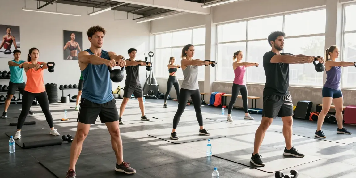 Aktive Gruppe im Selliza Pharma Shop Fitnessstudio, dynamische Trainingsszene mit motivierten Sportlern, umgeben von modernen Fitnessgeräten.
