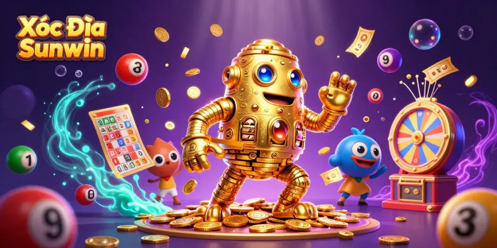 Xóc Đĩa Sunwin features a dazzling golden golem amidst vibrant lottery elements, captivating gamblers.