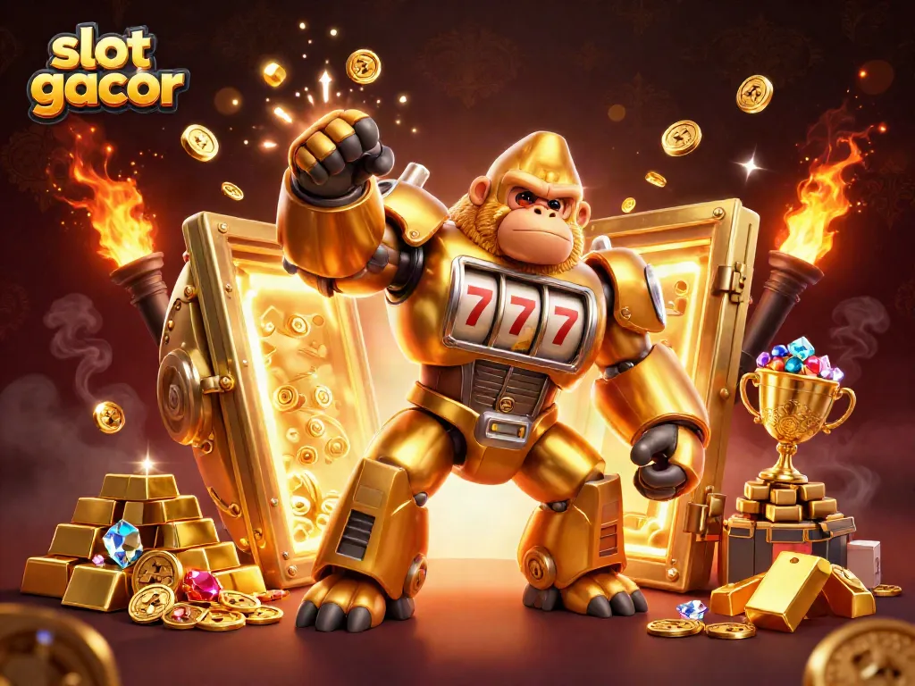 Experience the excitement of slot gacor with a golden gorilla mech surrounded by jewels and treasures.