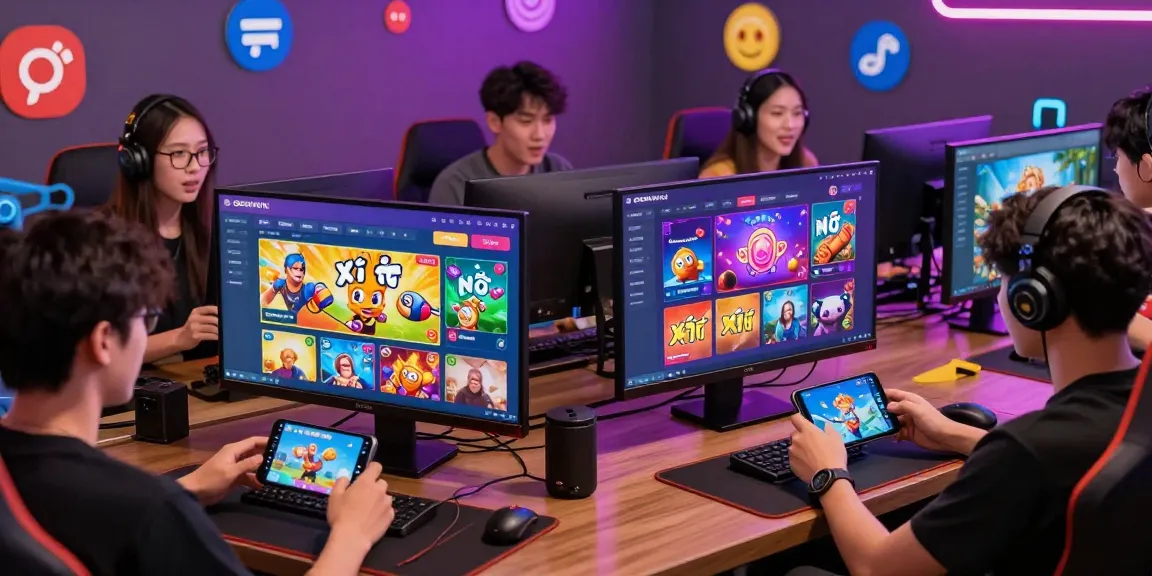 Exciting gaming scene at https://gemwin.pics/ featuring players engaged with colorful game interfaces and multiple devices.