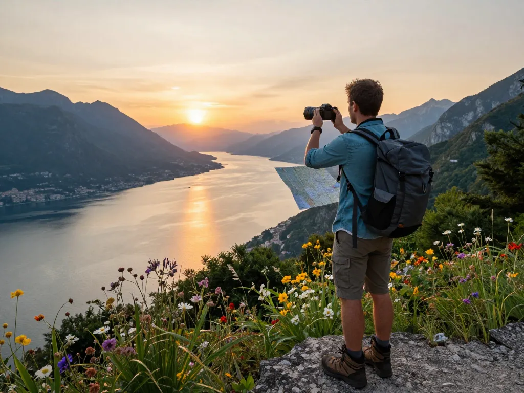Reisetipps Gardasee Reisender am Aussichtspunkt bei Sonnenuntergang mit Kamera und Karte.