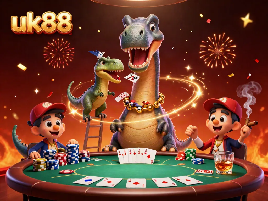 uk88 player enjoying a lively poker scene with a towering brontosaurus dealer and dynamic cards.