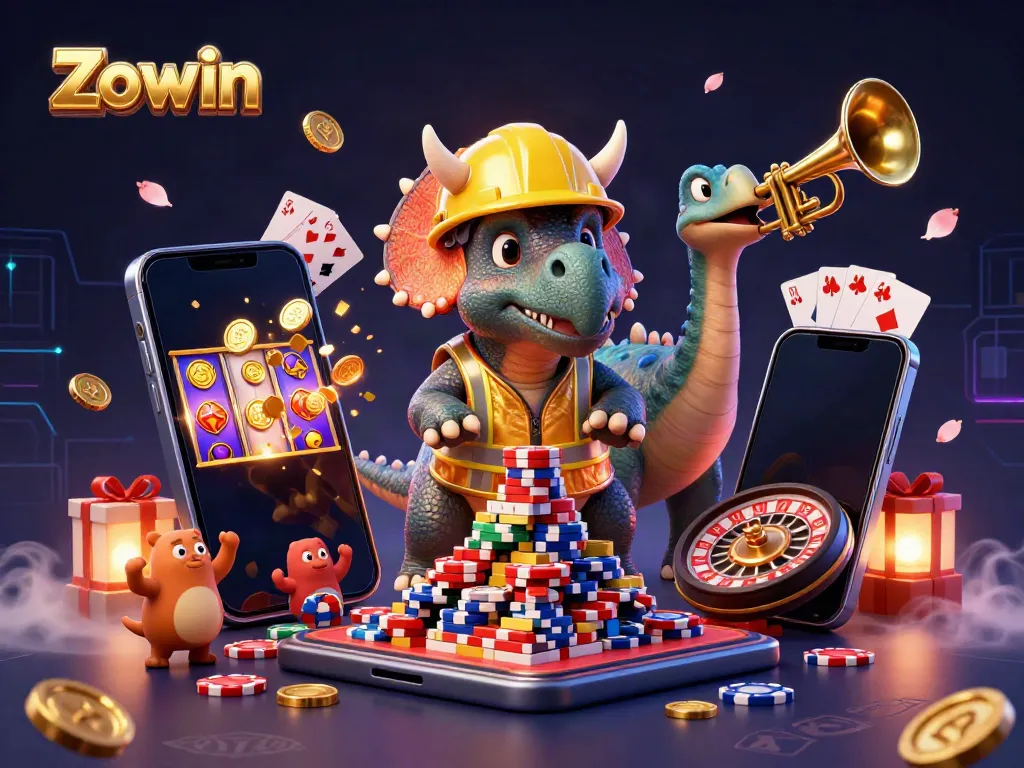 Zowin creates excitement with a vibrant casino scene featuring a triceratops and a parasaurolophus celebrating over poker chips.