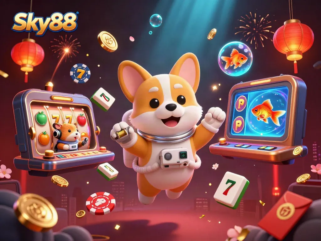 Experience exciting gaming at Sky88 Casino with floating slots and a playful cast of characters.