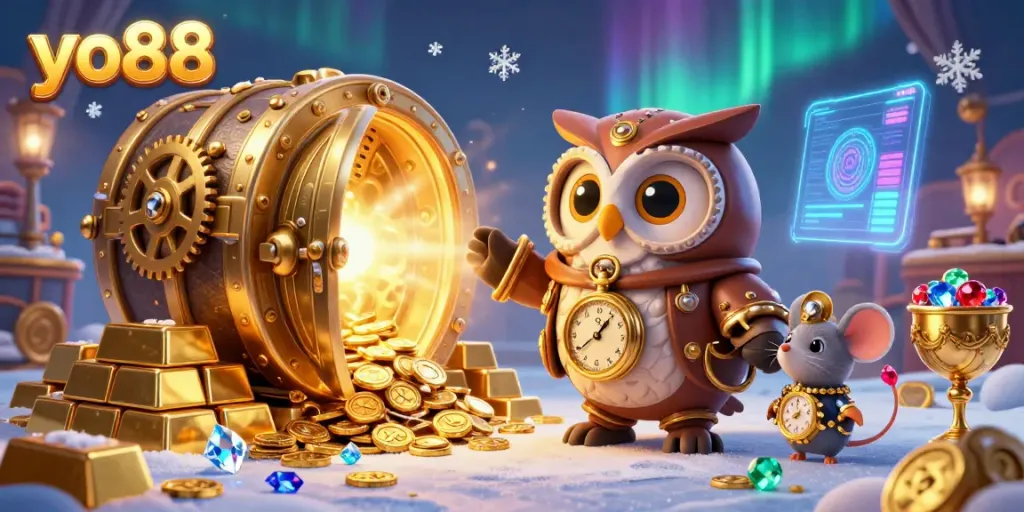 Engage with the vibrant world of yo88 featuring a steampunk owl and a wealth of casino treasures.