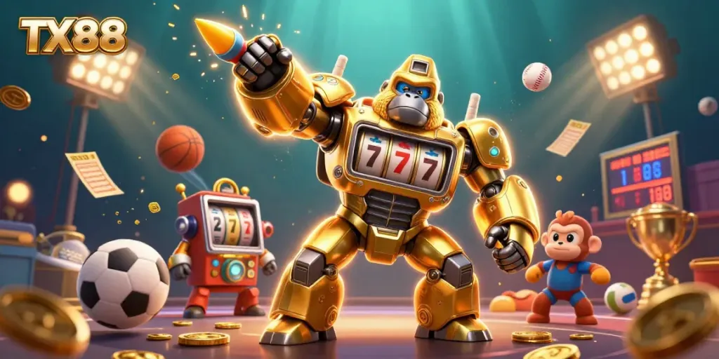 Engage with TX88's dynamic gaming experience featuring a golden gorilla mech and sports elements