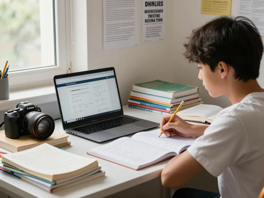 Hausaufgaben Löser online mit einem Studenten, der an einem hellen Schreibtisch mit Lehrbüchern und einem Laptop lernt.
