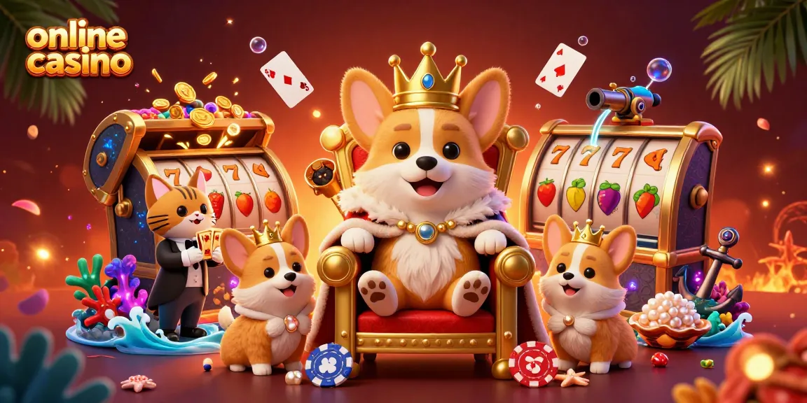 Experience the thrill of an online casino with a royal corgi surrounded by vibrant game elements and lively characters.