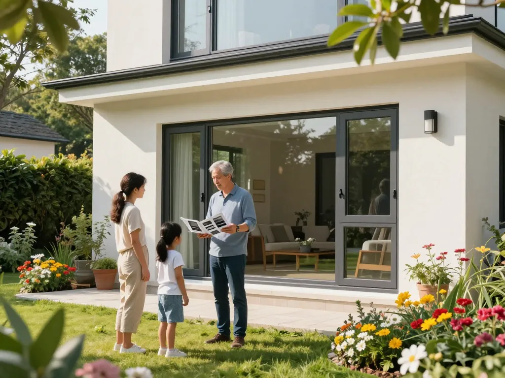 Hochwertige fenster schüco Fenster präsentiert an einem modernen Zuhause mit einer Familie, die den Garten genießt.