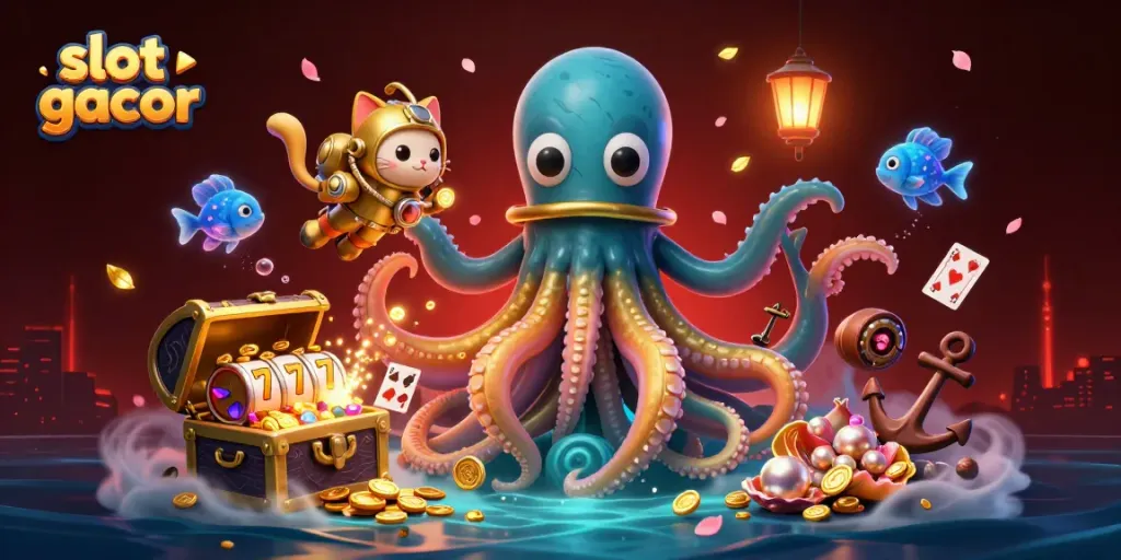 Experience the thrill of slot gacor with a kraken, diving cat, and glowing sea creatures.