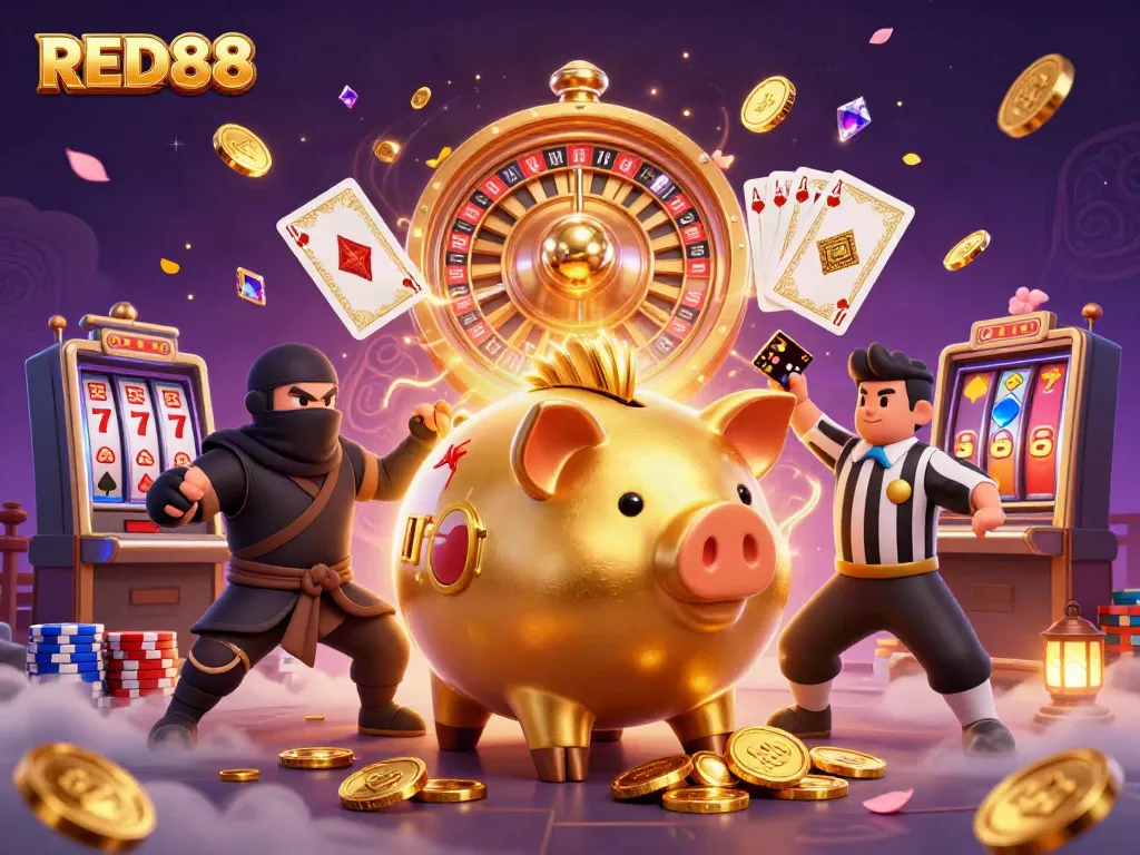 RED88 features an epic scene of a golden piggy bank sumo wrestler celebrating amidst swirling coins and bright casino elements.