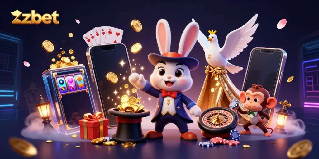 Bet with zbet while enjoying a magical atmosphere of gambling excitement as cartoon characters inspire luck.