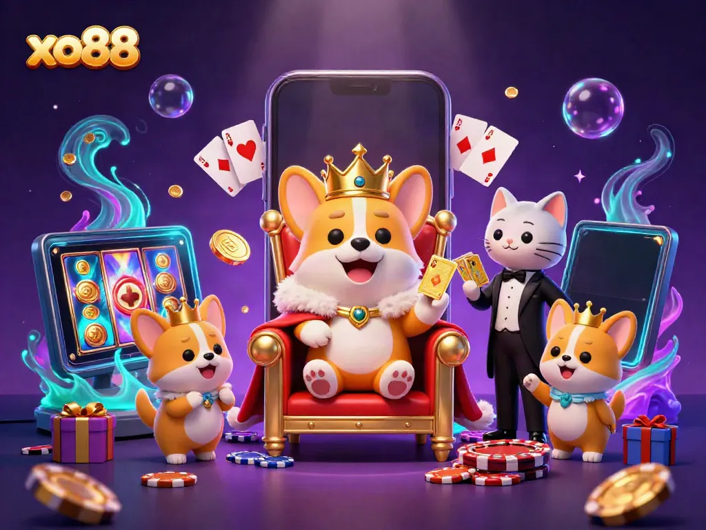 Experience thrilling gameplay with xo88's royal corgi and casino elements in a vibrant scene.