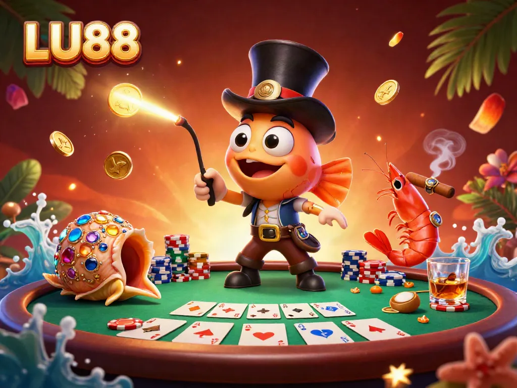 LU88 gaming scene with anglerfish and pirate shrimp attracting coins among poker elements.