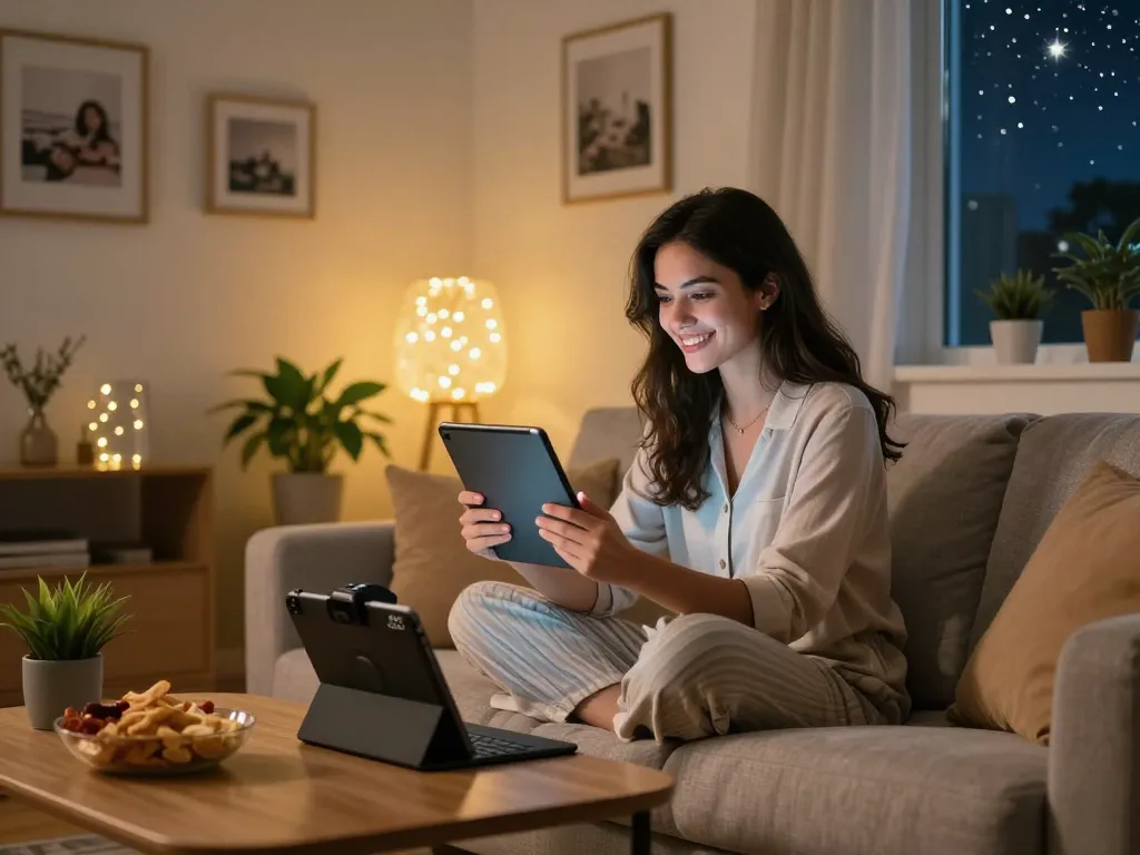 AI girlfriend interaction in a cozy living room with tablet.