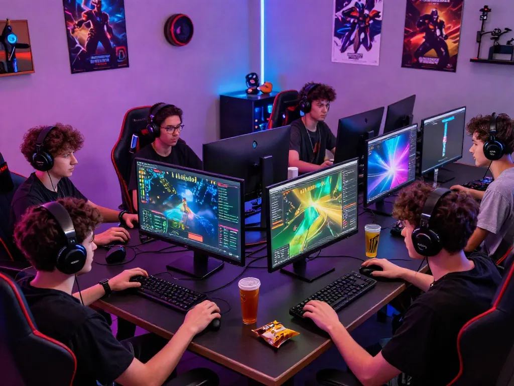 Engaging gaming session showcasing friends analyzing rokok88 rtp stats on multiple monitors surrounded by gaming gear.