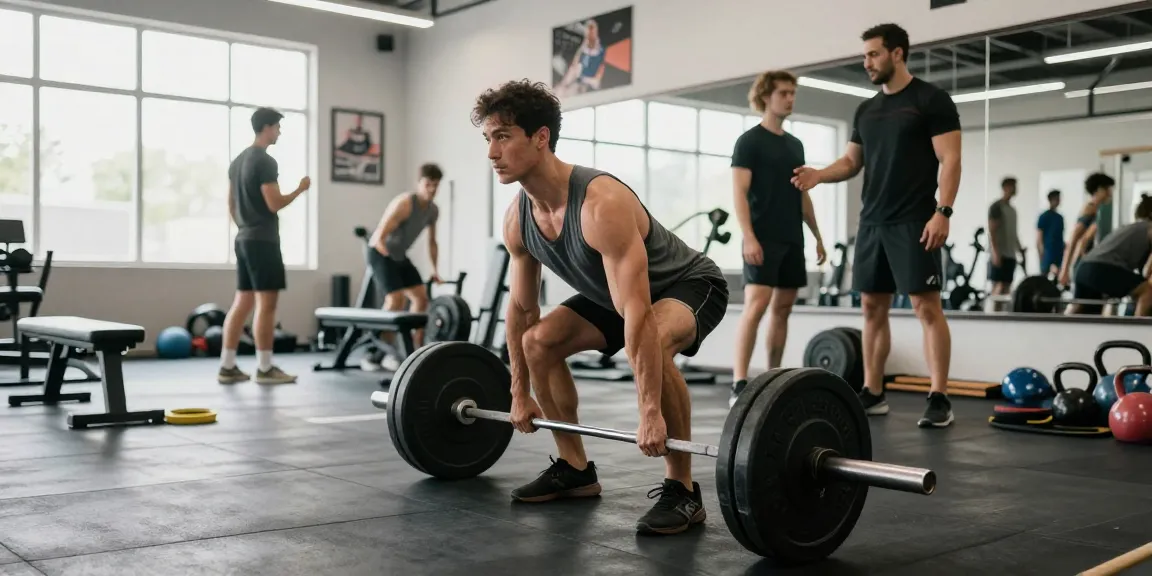 Global Pharma Steroids Sportler im Fitnessstudio beim Deadlift-Training, energiegeladene Atmosphäre.