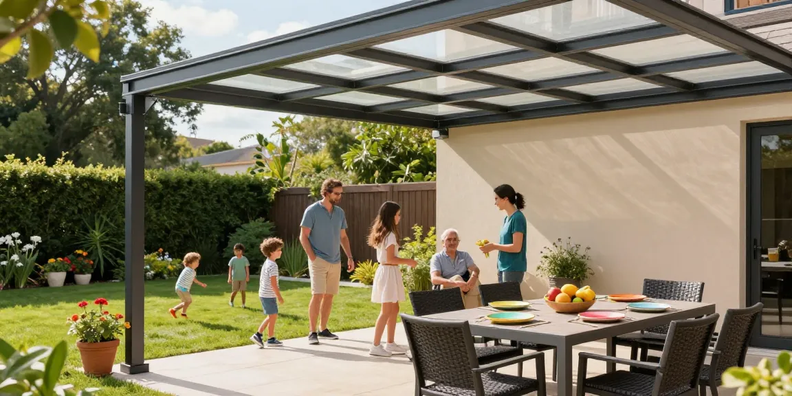 Moderne Terrassenüberdachung mit Familienfeier im Garten