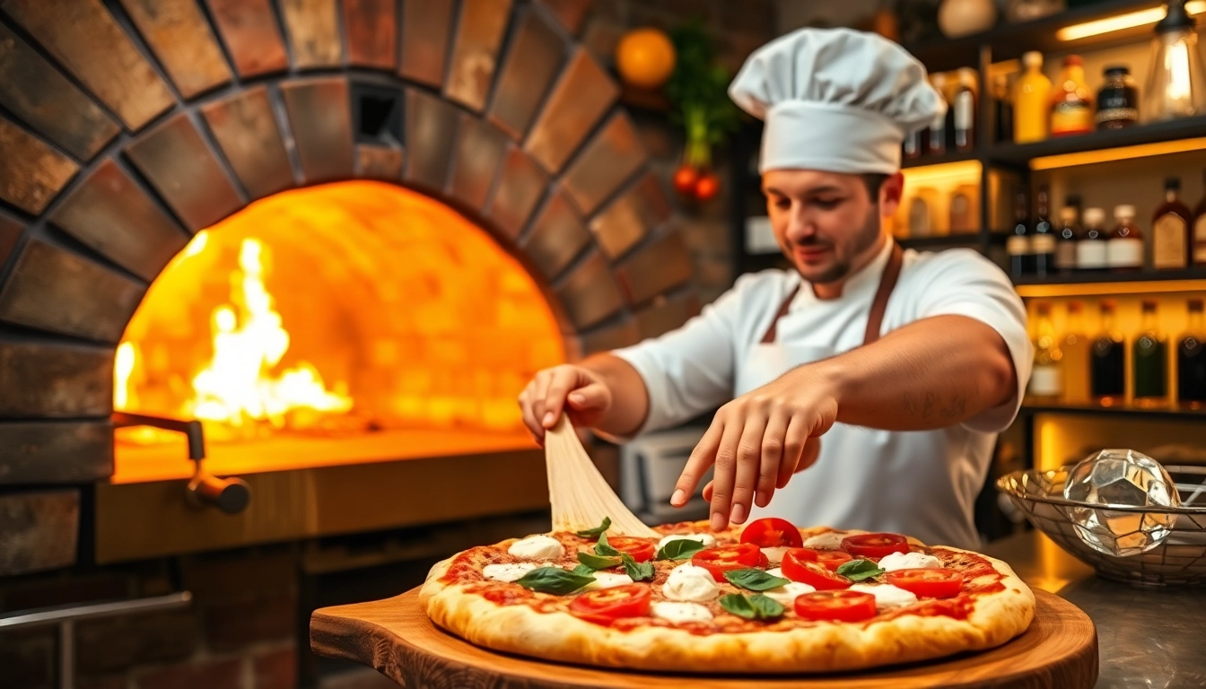Pizzeria chef expertly preparing dough with fresh ingredients.