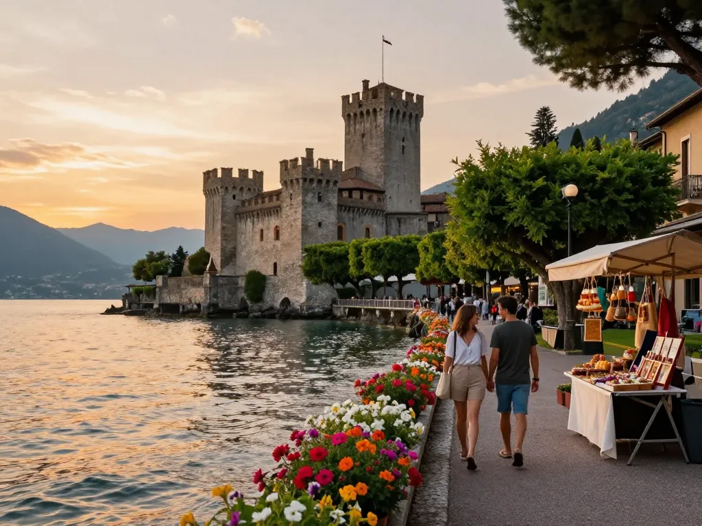 Schöne Reiseszene bei Gardasee Reisetipps, Paar, das am Ufer des Sees bei lebhaftem Sonnenuntergang spaziert.