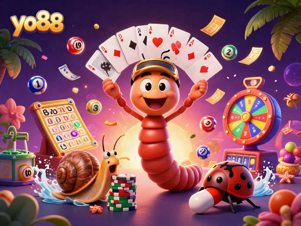 Engaging cartoon scene of yo88's lively dealer with cards and players enjoying dynamic gambling elements.