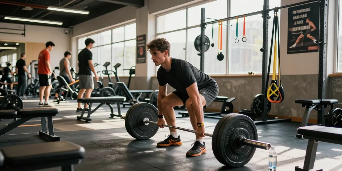 Fitnesstrainer hebt Gewichte in einem modernen Fitnessstudio und zeigt Action und Engagement für Fitness im Anabolika Shop.