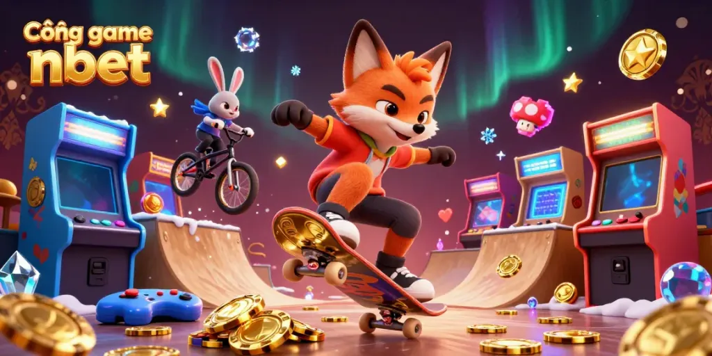 Jumping fox and rabbit showcasing Cổng game nbet in vibrant casino-themed 3D illustration.