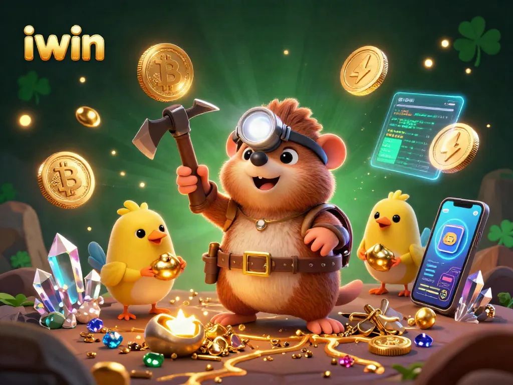 Win big with iwin: dynamic treasure hunting scene showcasing casino elements and cryptocurrency.