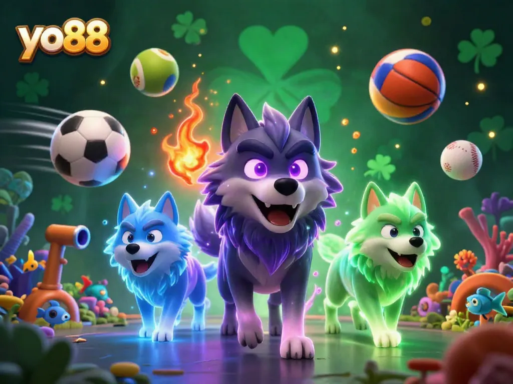 Experience thrilling wins at yo88 with a dynamic scene showcasing ghostly wolves and vibrant sports elements.