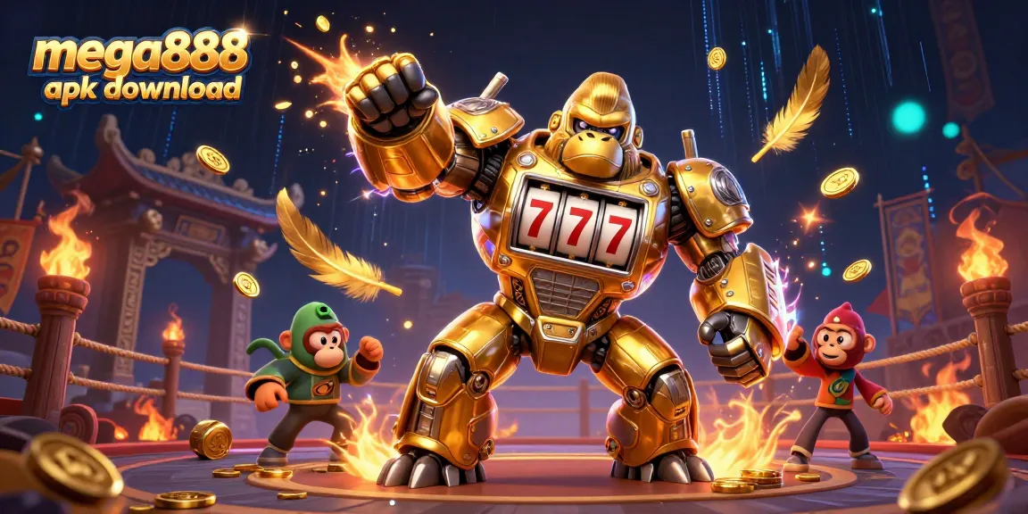 Experience mega888 apk download with our thrilling 3D slot machine action featuring a golden gorilla mech!