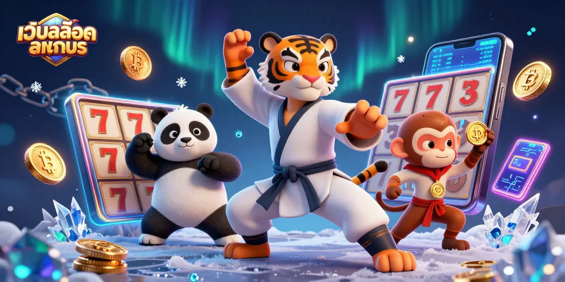 Engage with เว็บสล็อตทดลอง through an action-packed 3D illustration featuring vibrant slot game elements and playful characters.