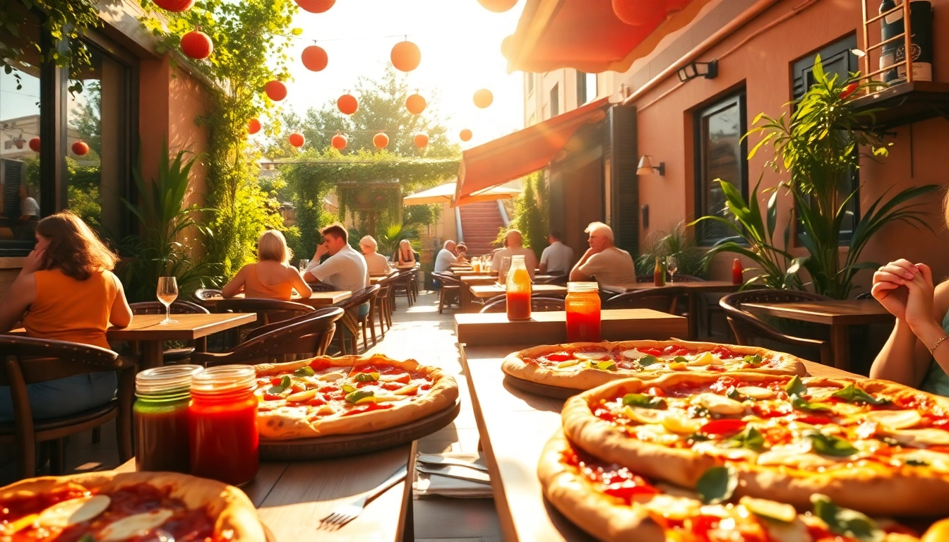 Pizzeria scene with diners enjoying freshly made pizzas on a sunny terrace.