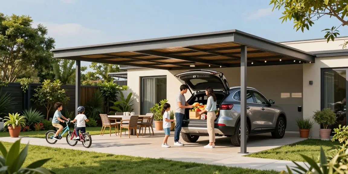 Moderne Carport mit Familie, die Einkäufe aus einem SUV auslädt, umgeben von grüner Landschaft.