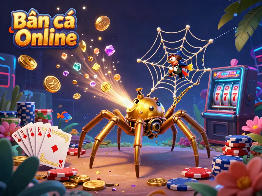 Bắn cá Online game scene featuring a steampunk spider capturing colorful fish amidst sparkling treasures.