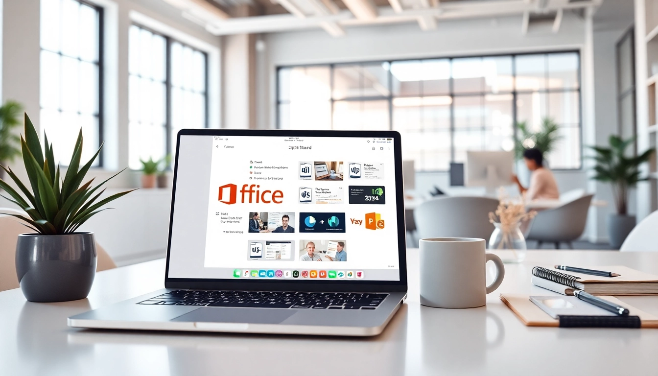 MS Office 2024 Standard für Apple Geräte auf modernem Laptop in stilvollem Arbeitsumfeld.